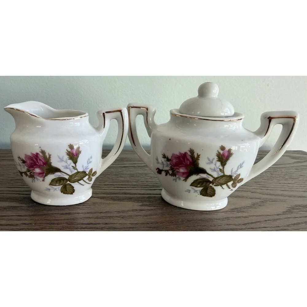 Vintage Japan‎ Floral Sugar Bowl Creamer Set Gold Trim Pink Roses Cottage